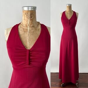 Vintage 70s Cranberry Red Empire Waist Sleeveless Maxi Hippie Holiday Dress XXS